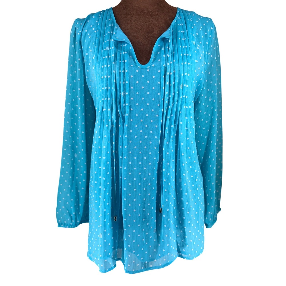 Tommy Hilfiger Polka Dot Peasant Blouse Women's L Blue White‎ Pintuck Flowy NWOT